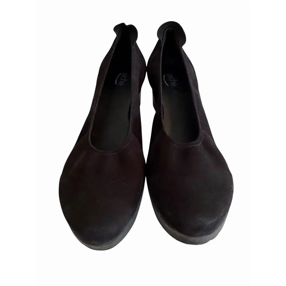 Arche Nubuck Black Slip-On Wedge Loafers •41/ 10• Ruffle Pumps Heels France $328